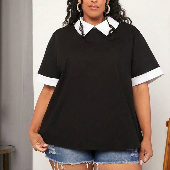 SHEIN CURVE+ Plus Contrast Collar Keyhole Back Blouse - Picture 3 of 3